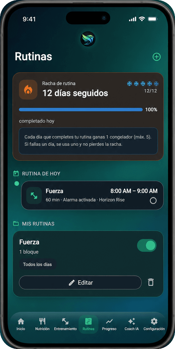 Rutinas programadas y racha diaria
